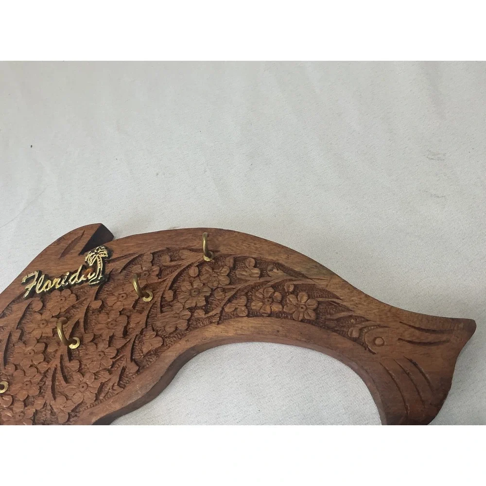Vintage Florida Souvenir Hand Carved Wood Dolphin Key Rack Wall Mount 4 Hooks